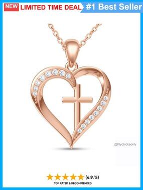 Gold Plated Heart Cross Pendant Necklace Cubic Zirconia Christian Gift